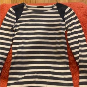 J Crew- Grey stripped long sleeve, blue shoulders